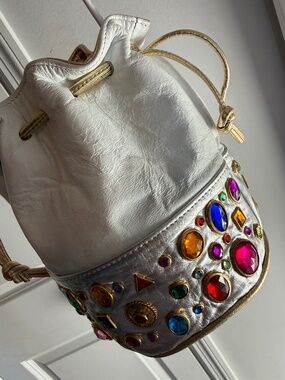Vintage Metallic Leather Bucket Bag w/ Gem Embellishments